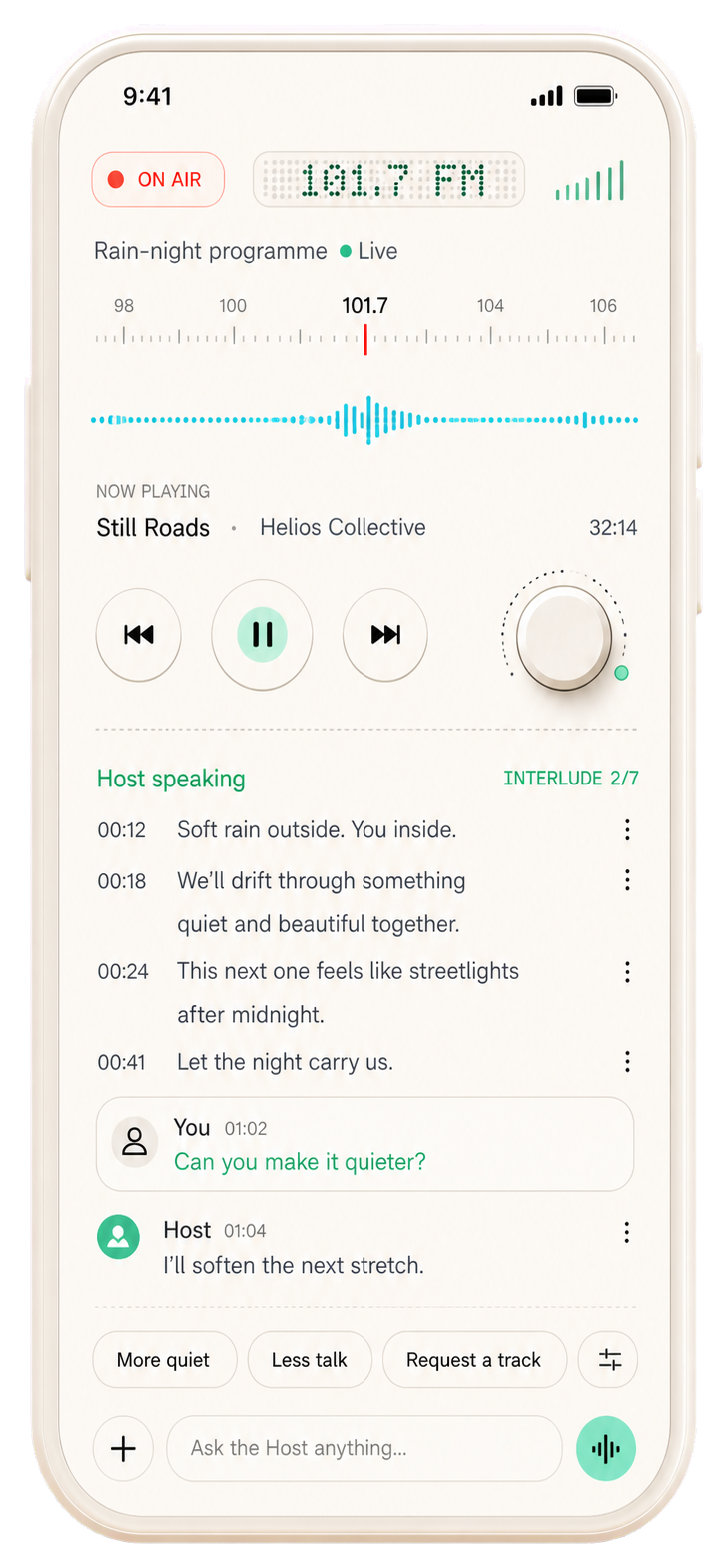 Flow mobile home screen showing the AI radio tuner, current song, playback controls, host transcript, and listener request chips.