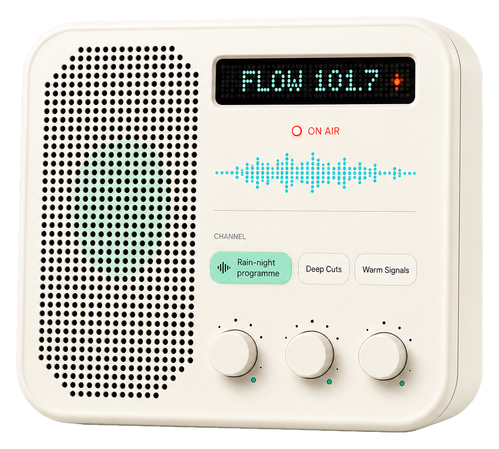 Flow radio hardware with dot-matrix speaker grille, ON AIR lamp, tuner display, waveform, channel buttons, and knobs.